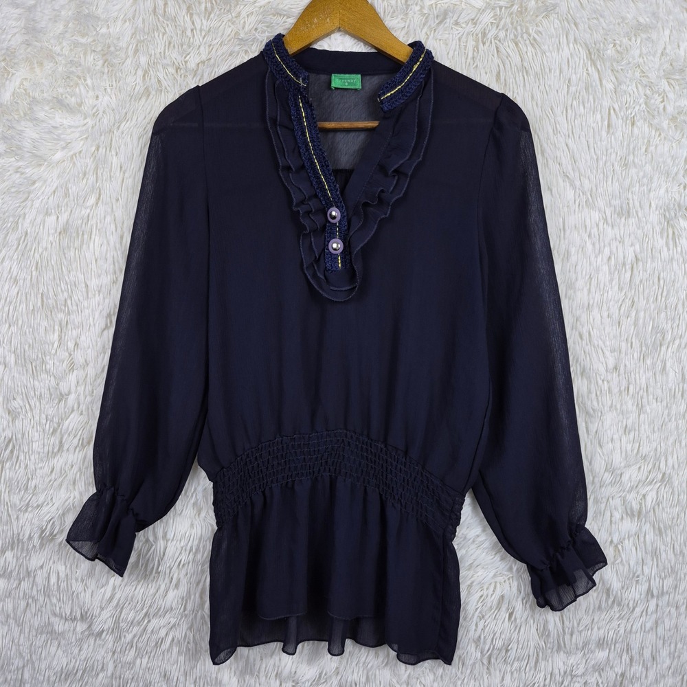 Freeway Navy Blue Ruffle Chiffon Peplum Blouse Smocked Waist Crochet Trim Sz S